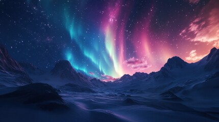 Fototapeta premium A stunning night sky illuminated by auroras over a snowy mountain landscape.