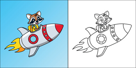 Cute raccoon riding a space rocket suitable for kids coloring page vector illustration