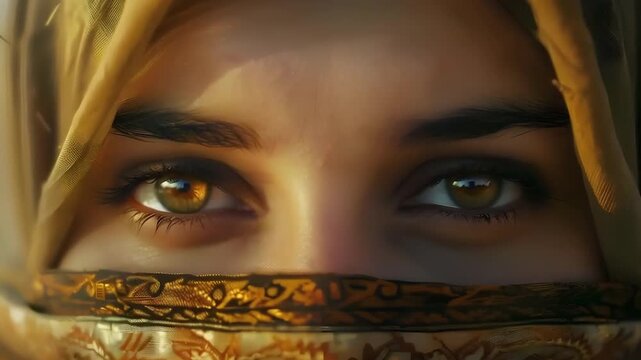 Video recreation of beautiful eyes of a young woman behind a islamic veil	
