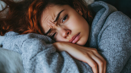 Close-up of a woman in a hoodie, lying on her side with her hands on her stomach, dealing