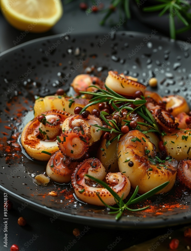 Wall mural close up of grilled octopus pulpo a la gallega with fresh lemon and herbs on dark background