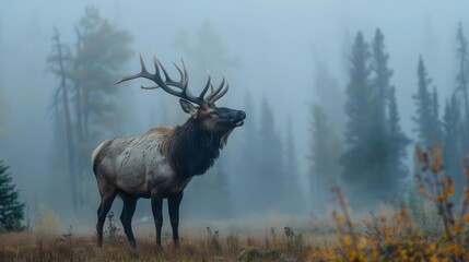 Majestic elk bugling in misty mountain meadow,