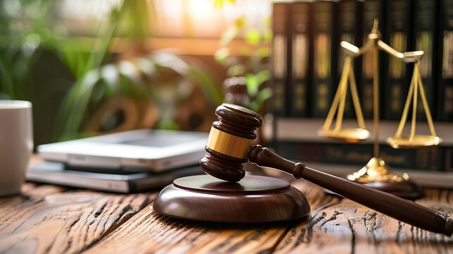 wooden gavel resting on a block, symbolizing justice and the legal system a scales of justice behind the gavel, representing balance and fairness. 