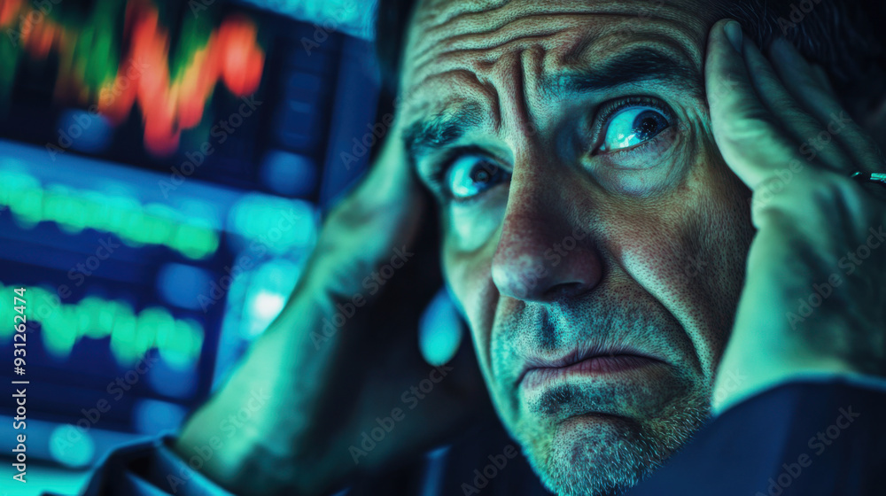 Poster concerned stock exchange trader with furrowed brows, overwhelmed by real-time data showing