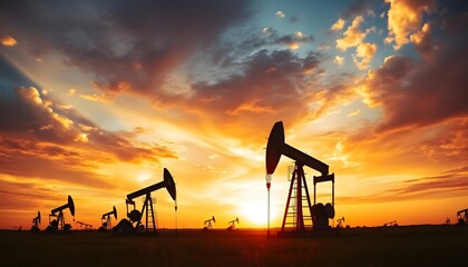 Oil pumps silhouetted against a dramatic sunset sky with clouds and vibrant orange and yellow colors