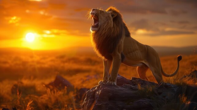 Majestic lion roaring on savanna rock, golden sunset,