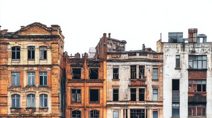 Obraz premium Row of abandoned buildings with broken windows.