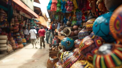 Fototapeta premium vibrant display of handcrafted goods in a bustling market, showcasing the rich culture and artistry of the region. The colorful souvenirs and intricate patterns create a visually captivating scene.