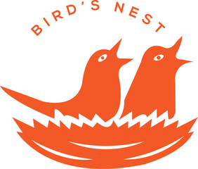 Bird nest logo design. Illustration of a bird next to motley fairy flowers planted in a pot, depicted in a charming folk style. Colorful and whimsical design suitable for print, Bird logo.