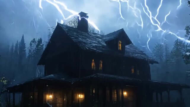 Eerie storm night at a haunted house in the woods