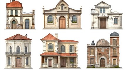 Fototapeta premium Six vintage European building facades, isolated on white.