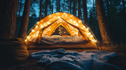 Cozy camping tent with fairy lights, creating a warm ambiance during a night camping trip.