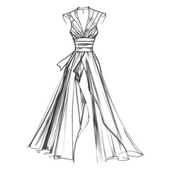 Elegant Fashion Sketch of Luxury Dress Design in Minimalist Drawing Style with Clean Arrangement on White Background