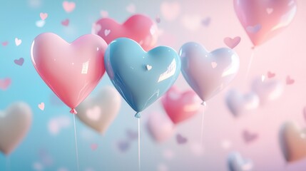 close up of heart sharp balloons flying in the air. Colorful balloons in shape of heart on bokeh background.