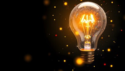 A glowing light bulb with fiery sparks and a dark background with twinkling stars