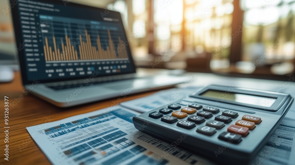 Poster calculator and laptop with bar graphs. detailed view of a calculator and a laptop displaying bar gra