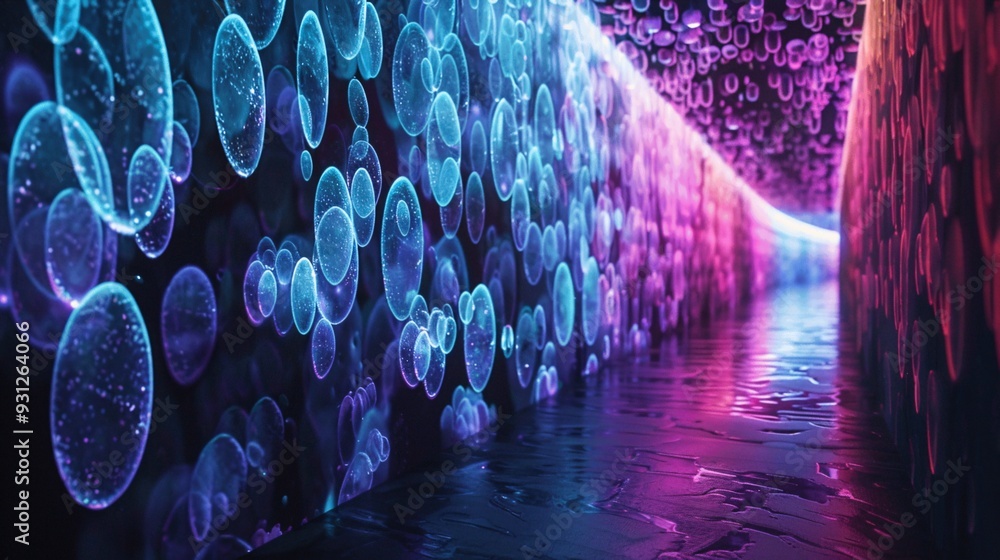 Poster neon gradient waterfall with glowing circles and ellipses cascading in layers.