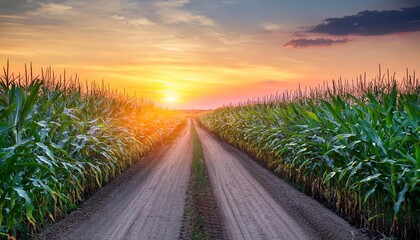 Fototapeta premium Golden Cornfields: A Roadside View at Sunset