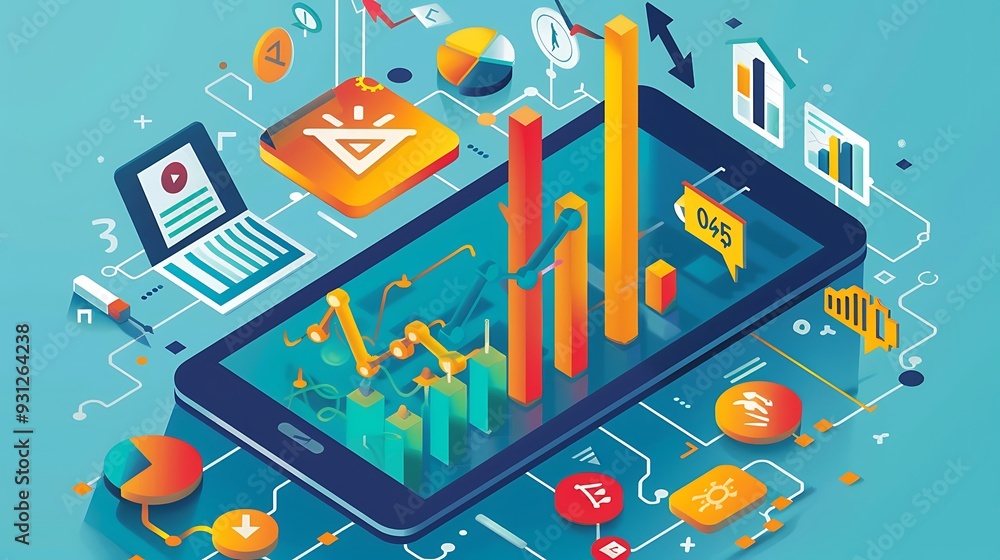 Poster illustration of a mobile phone screen displaying data analytics graphs, charts, and statistics, repr