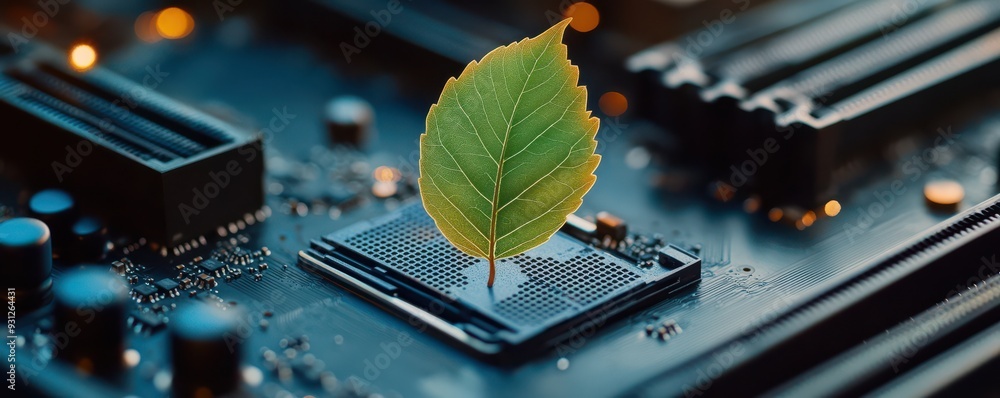 Poster a leaf grows from a computer chip, symbolizing the merge of technology and nature in a sustainable f