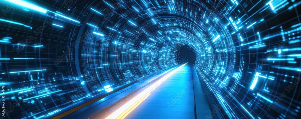 Poster a futuristic tunnel with glowing blue lights, creating a sense of speed and movement through a high-