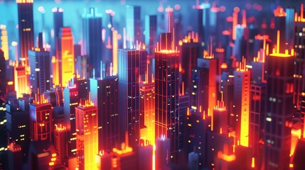 Radiant Skyscrapers: An Abstract Cityscape with Glowing Layers Illuminating the Night Sky.