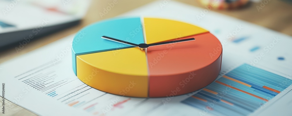 Poster a colorful pie chart displayed on a business report, illustrating data analysis and statistical insi
