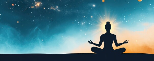 A serene silhouette of a person meditating under a cosmic sky, symbolizing peace, mindfulness, and spiritual clarity.