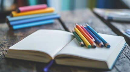 Open Notebook with Colorful Pencils on Wooden Table