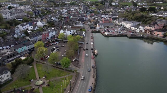 Kinsale, Ireland, Drone Shot of Coastal Traffic and Downtown Buildings
