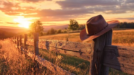 A cowboy hat resting atop a weathered wooden fence post, a fence in a field with the sun setting behind it