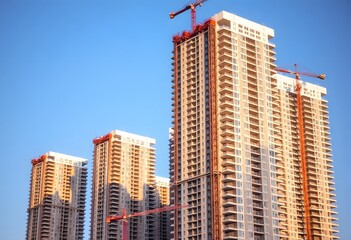 Fototapeta premium Tall modern skyscrapers with cranes in a city skyline against a blue sky construction concept