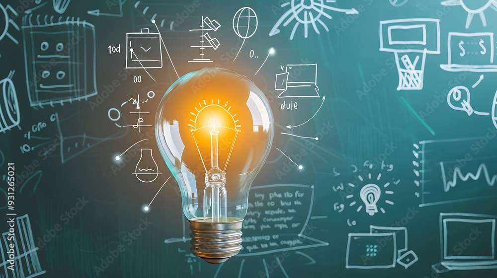 Poster lightbulb with hand drawn sketch on blackboard for concept of creativity innovation and new ideas.