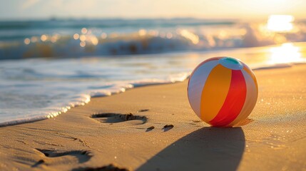 Obraz premium Colorful beach ball on sandy shore is lying on the sand of an exotic beach, with waves in the background. The sun shines brightly on it