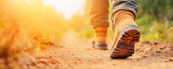 person's hiking boot on a sunlit trail, embodying adventure and exploration in nature.