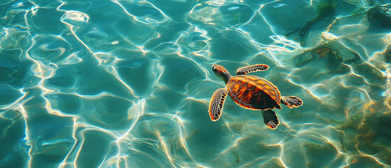 looking from top into a bright clear turqoise water surface with pool like ripples and with a small young coral red colored turtle swimming in the water