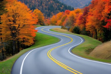 Naklejka premium autumn landscape with trees in vibrant colors and the asphalt road winding through it