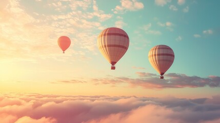 Obraz premium Hot Air Balloons Soaring Through the Sky against a whimsical sky, creating a delightful and fantasy-inspired scene