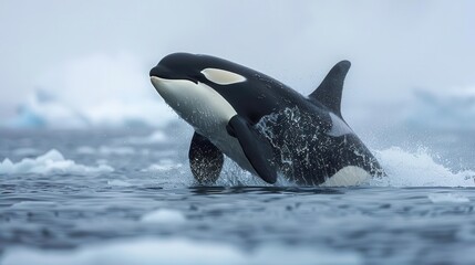Obraz premium Powerful orca breaching in icy Arctic waters,
