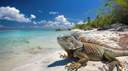 Prehistoric-looking iguana basking on tropical beach,