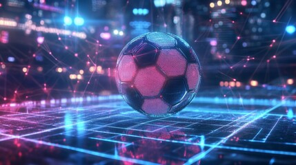 Fototapeta premium 3D hologram of a soccer ball in a futuristic city along with blue