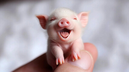 Fototapeta premium Tiny Delight: Laughing Baby Piggy on a Finger