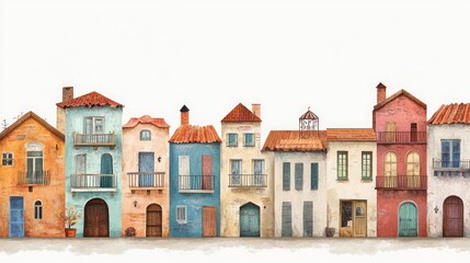 Fototapeta premium Watercolor illustration of a row of colorful houses with balconies and doors on a white background.