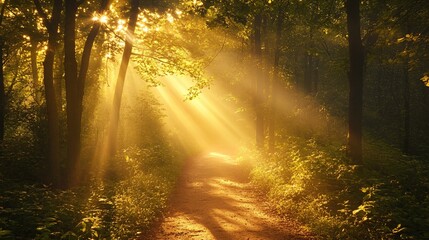 A forest path bathed in the golden light of the morning sun with rays of light filtering through the trees