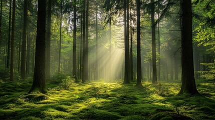 Obraz premium A tranquil forest with tall trees and soft sun rays illuminating the fresh spring growth on the forest floor