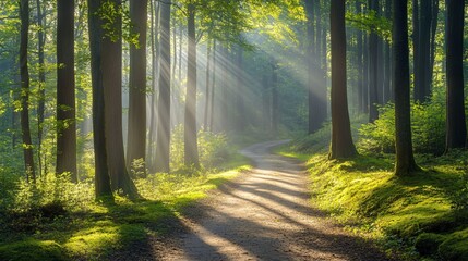 Fototapeta premium A peaceful forest path with sun rays streaming through the trees highlighting the vibrant spring foliage