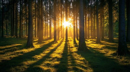 Fototapeta premium Sun rays piercing through the branches of tall trees in a dense spring forest casting long shadows on the ground