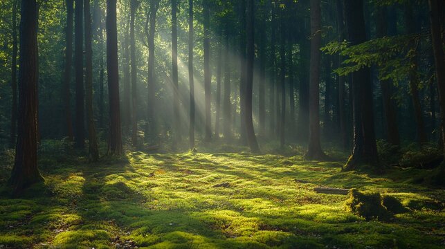 Sunlight filtering through the dense canopy of a spring forest casting dappled light on the moss-covered ground
