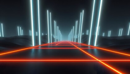 abstract background with light lines. A futuristic, abstract landscape with tall, glowing columns or structures in the background, creating a sense of depth and perspective. 