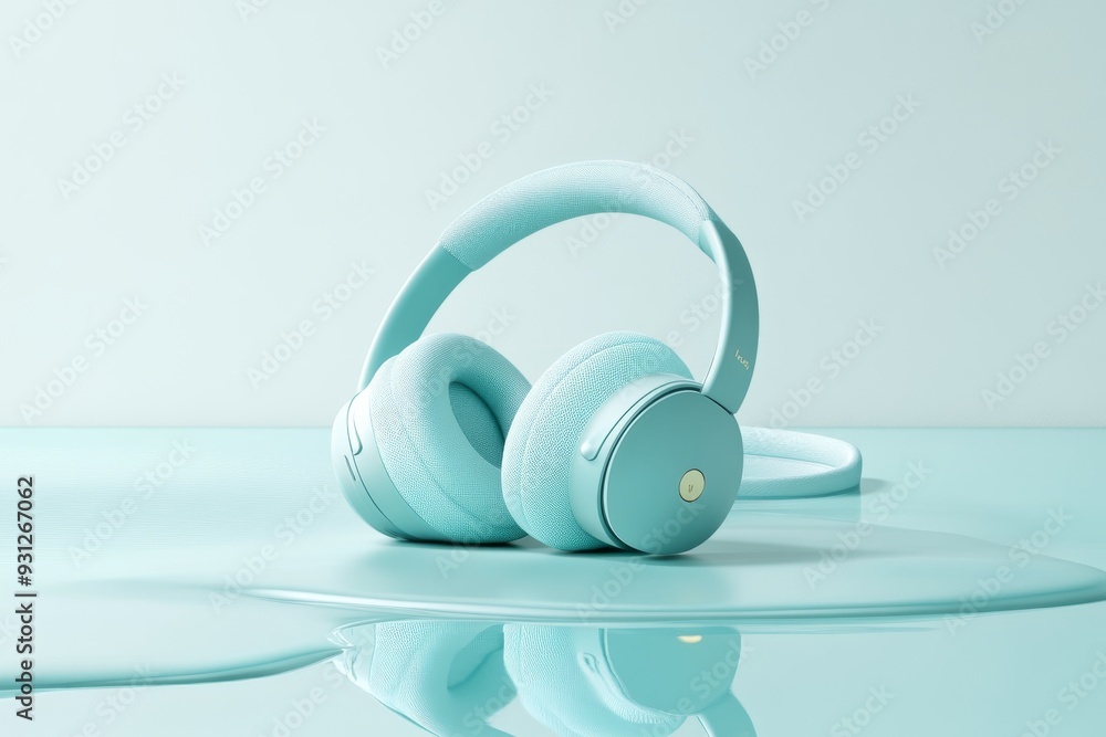 Poster minimalist green headphones on a sleek white shelf emphasizing simplicity and functionality in perso